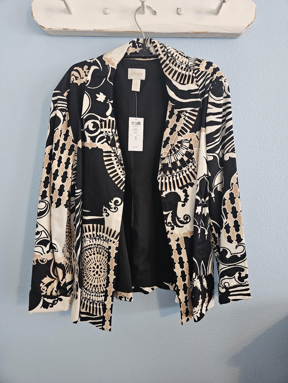 Chico's Black & Cream Printed Open-Front Jacket